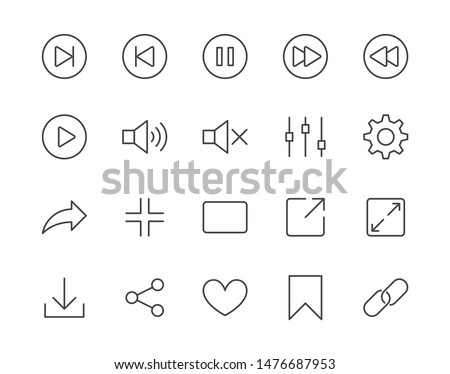 Media player simple flat line icons set. Play button, expand, full screen, download, sound, bookmark vector illustrations. Outline signs for multimedia interface. Pixel perfect. Editable Strokes.