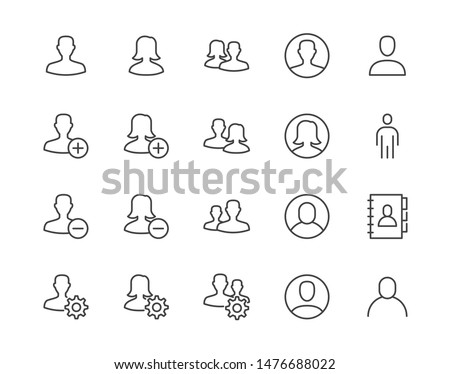 People icons, simple flat line set. Man, woman avatar, user profile, contact person, team vector illustrations. Outline signs for social network, web site. Pixel perfect. Editable Strokes.