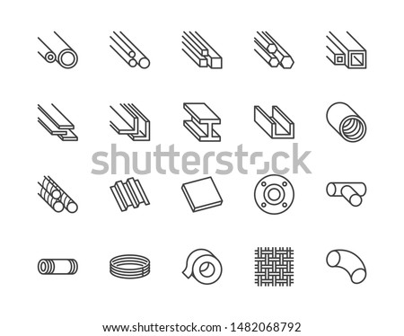 Stainless steel flat line icons set. Metal sheet, coil, strip, pipe, armature vector illustrations. Outline signs for metallurgy products, construction industry. Pixel perfect 64x64. Editable Strokes.