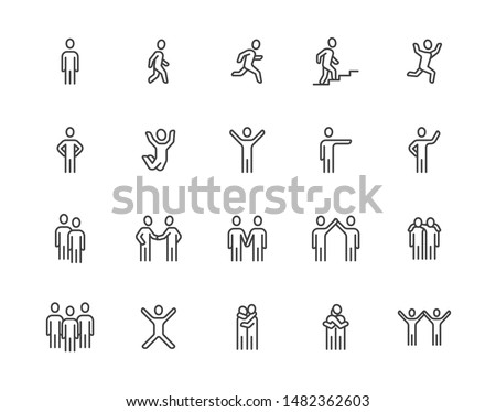People flat line icons set. Person walking, running, jumping, climbing stairs, happy man, company leader, friends hugs vector illustrations. Human outline signs. Pixel perfect. Editable Strokes.
