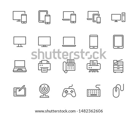 Devices flat line icons set. Pc, laptop, computer, smartphone, desktop, office copy machine vector illustrations. Outline minimal signs for electronic store. Pixel perfect. Editable Strokes.