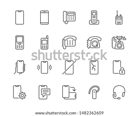 Phone flat line icons set. Smartphone, landline telephone, portable device, walkie talkie, broken display vector illustrations. Outline signs technology store. Pixel perfect. Editable Strokes.