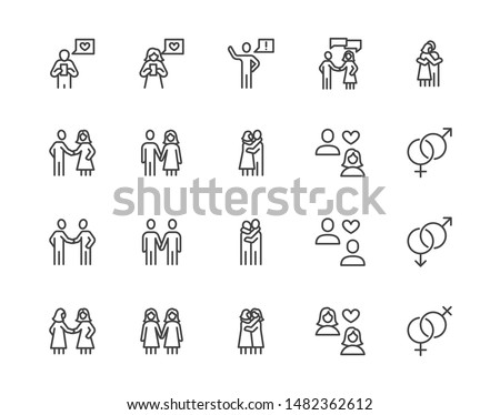 Relationship flat line icons set. Acquaintance, hug, romantic dating, gay, lesbian couple vector illustrations. Outline signs of man woman, LGBT love relations. Pixel perfect. Editable Strokes.