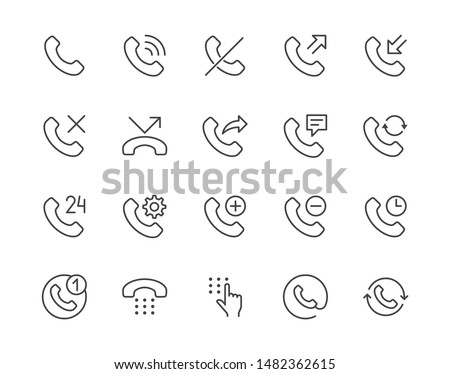 Phone flat line icons set. Incoming call, online support, blocked contact, forwarding, decline, handset simple vector illustrations. Outline signs for web site. Pixel perfect. Editable Strokes.