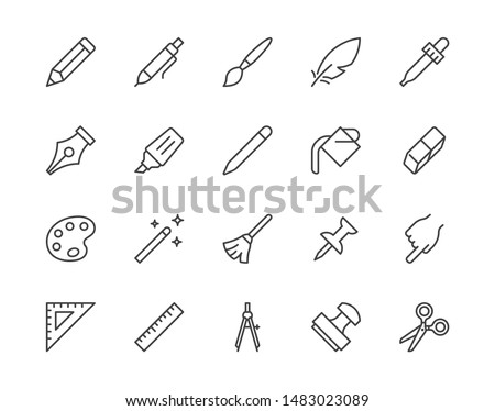 Drawing tools flat line icons set. Pen, pencil, paintbrush, dropper, stamp, smudge, paint bucket, vector illustrations. Outline minimal signs for web interface. Pixel perfect. Editable Strokes.