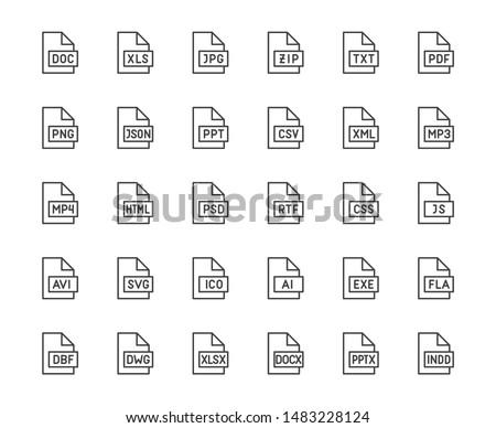 File format flat line icons set. Doc, xls, jpeg, zip, txt, pdf, xml, mp3 document vector illustrations. Outline signs for extension. Pixel perfect. Editable Strokes.