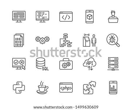 Software development flat line icons set. Programming language, application, api, computer program develop vector illustrations. Outline signs for website design. Pixel perfect. Editable Stroke.