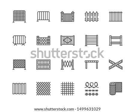 Fence flat line icons set. Wood fencing, metal profiled sheet, wire mesh, crowd control barricades vector illustrations. Outline signs for protection store. Pixel perfect. Editable Strokes.