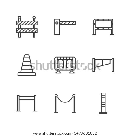 Roadblock flat line icons set. Barrier, crowd control barricades, rope stanchion vector illustrations. Outline signs for pedastrian safety, roadwork. Pixel perfect. Editable Strokes. Stock foto © 