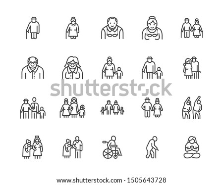 Elder people care flat line icons set. Senior couple, nursing home, happy old man exercising, patient support vector illustrations. Outline signs older citizens. Pixel perfect. Editable Strokes.