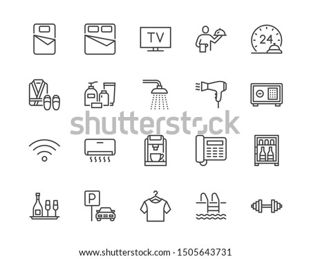 Hotel room facilities flat line icons set. Double bed, reception, room service, bathrobe, slippers, safe, minibar vector illustrations. Outline signs for motel. Pixel perfect. Editable Strokes.