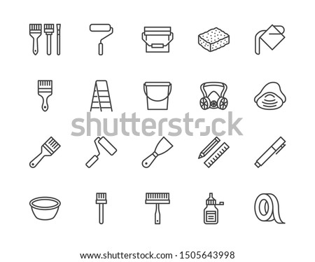 Painter tools flat line icons set Home renovating equipment roller paintbrush ladder masking tape, respirator vector illustrations. Outline signs interior design. Pixel perfect Editable Strokes.