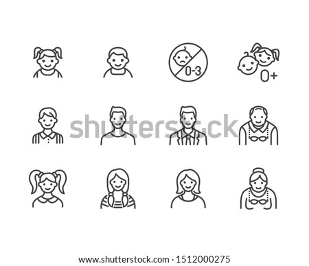 People age flat line icons set. Growth stage - baby boy, teenage girl, young woman, old man vector illustrations. Outline signs for family avatar, toy label. Pixel perfect. Editable Strokes.