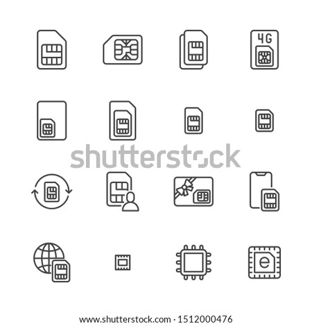 Sim card flat line icons set. Micro, nano simcard, new eSim technology, mobile phone chip vector illustrations. Outline signs for electronic store. Pixel perfect. Editable Strokes.