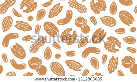 Nut seamless pattern with flat silhouette icons. Vector background of dry nuts and seeds - almond, cashew, peanut, walnut, pistachio. Food texture for grocery shop, brown white color.
