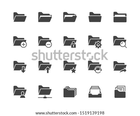 Folders flat glyph icons set.  Black minimal signs for web site. Silhouette pictogram pixel perfect.