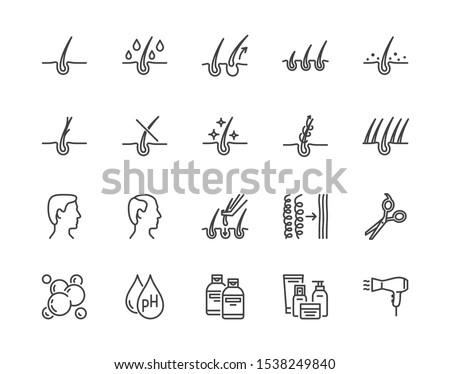 Hair loss treatment flat line icons set. Shampoo ph, dandruff, hair growth, keratin, conditioner bottle vector illustrations. Outline signs for beauty store. Pixel perfect. Editable Strokes.