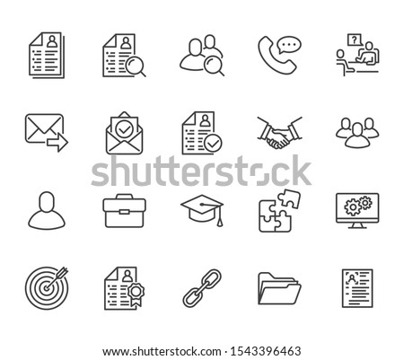 Resume flat line icons set. Hr human resources, job application, interview employee profile, teamwork, work experience vector illustrations Portfolio outline signs Pixel perfect  Editable Stroke.