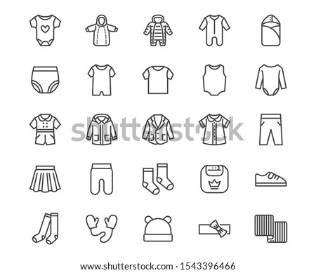 Baby clothes flat line icons set. Bodysuit, coverall, romper, buster suit, newborn nest, girl dress vector illustrations. Outline signs for children fashion store. Pixel perfect  Editable Stroke.
