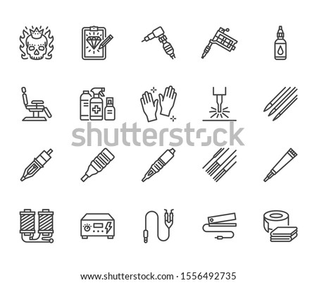 Tattoo, piercing equipment flat line icons set. Tattoo machine, needle, paint, sketch, skull, laser removal vector illustrations. Outline signs for studio. Pixel perfect. Editable Strokes.