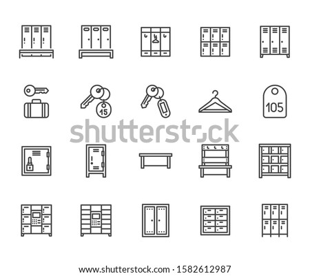 Locker room flat line icons set. Gym, school lockers, automatic left-luggage office, key tag vector illustrations. Outline pictogram personal belongings storage. Pixel perfect. Editable Strokes.