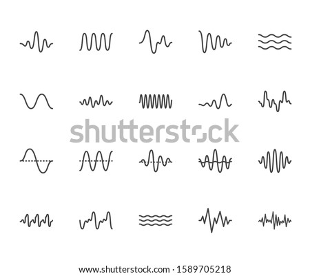 Sound waves flat line icons set. Vibration, soundwave, audio voice signal, abstract waveform frequency vector illustrations. Outline pictogram for music app. Pixel perfect. Editable Strokes.
