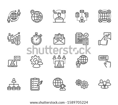 Outsource flat line icons set. Recruitment, partnership, teamwork, freelancer, part and full-time job vector illustrations. Outline pictogram for business. Pixel perfect. Editable Strokes.