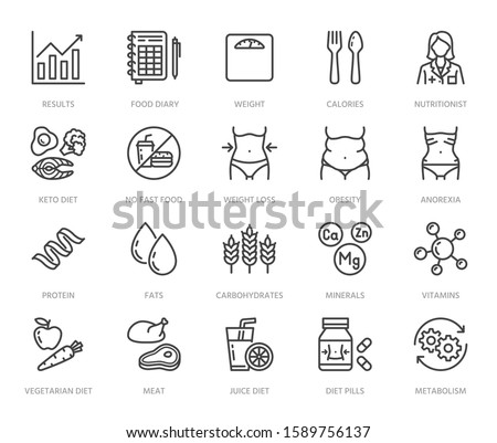 Nutritionist flat line icons set. Diet food, nutritions - protein, fat, carbohydrate, fit body vector illustrations. Outline pictogram for overweight treatment. Pixel perfect. Editable Strokes.