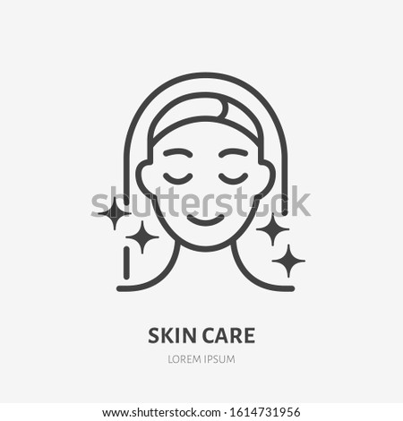 Aesthetic cosmetology line icon, vector pictogram of shiny skin, anti age skin care. Hapy woman illustration, sign for plastic surgery clinic.