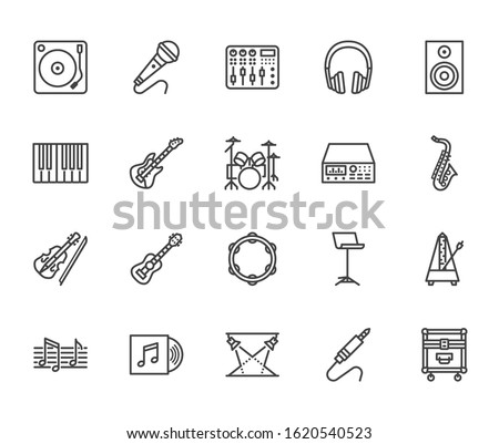Musical instruments flat line icons set. Dj equipment, sound recording studio, piano, guitar, saxophone vector illustration. Outline pictogram for music store. Pixel perfect 64px *5 Editable Strokes.