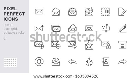 Email line icons set. Letter, spam mail, open envelope, postage stamp, mailbox, new document minimal vector illustrations. Simple flat outline signs for web. 30x30 Pixel Perfect. Editable Strokes.
