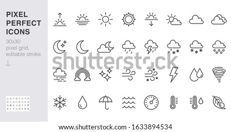 Weather line icons set. Sun, rain, thunder storm, dew, wind, snow cloud, night sky minimal vector illustrations. Simple flat outline signs for web, forecast app. 30x30 Pixel Perfect. Editable Strokes.