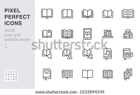 Book line icons set. Open books, dictionary, bible, audio novel, literature education minimal vector illustrations. Simple flat outline sign for web library app. 30x30 Pixel Perfect. Editable Strokes.