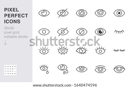 Eye line icon set. Open, closed eyes, visible invisible concept, hidden password, view minimal vector illustrations. Simple outline signs for web application ui. 30x30 Pixel Perfect. Editable Strokes.