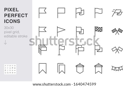 Flag line icon set. Checkered flags, location marker, waving pennant, bookmark, pin minimal vector illustrations. Simple outline signs for web map application. 30x30 Pixel Perfect. Editable Strokes.