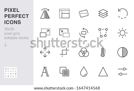 Photo edit line icon set. Flip, crop image, color filter, adjust effects, contrast minimal vector illustration. Simple outline signs for photography application. 30x30 Pixel Perfect. Editable Strokes.
