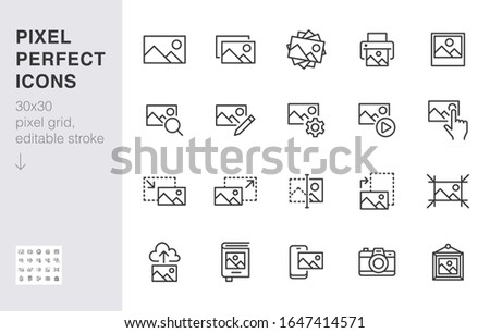 Photo line icon set. Image gallery, picture frame, printer, file resize, camera minimal vector illustrations. Simple outline signs for photos editor application. 30x30 Pixel Perfect. Editable Strokes.