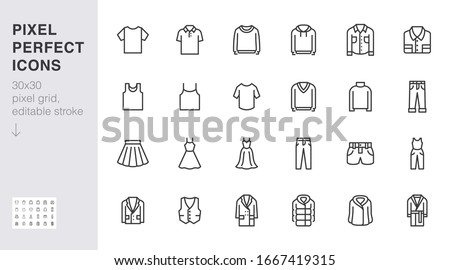 Clothing line icon set. Dress, polo t-shirt, jeans, winter coat, jacket pants, skirt minimal vector illustrations. Simple outline signs for fashion application. 30x30 Pixel Perfect. Editable Strokes.