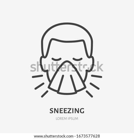 Sneezing man line icon, vector pictogram of flu or cold symptom. Man covering cough with napkin illustration, sign for medical poster.