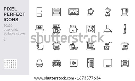 Kitchen appliance line icon set. Oven, mixer, dishwasher, food processor, combi steamer minimal vector illustrations. Simple outline signs of cooking equipment. 30x30 Pixel Perfect. Editable Strokes.