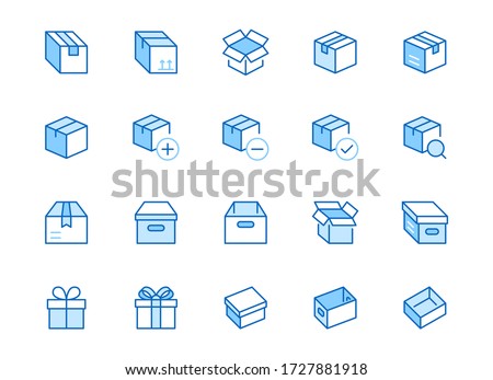 Box line icon set. Carton, cardboard boxes, product package, gift, parcel minimal vector illustrations. Simple blue outline signs for delivery service application. Editable Strokes.