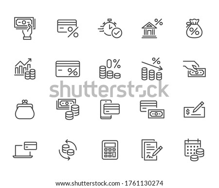 Money loan line icon set. Credit score, low interest, discount card, mortgage percent, tax minimal vector illustration. Simple outline signs for bank application. Pixel Perfect, Editable Strokes.