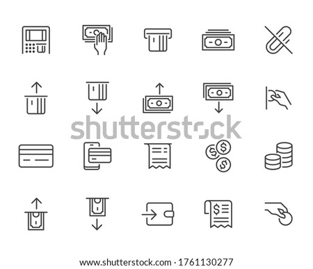 Atm machine line icon set. Withdraw money, deposit, hand taking cash, receipt minimal vector illustration. Simple outline signs for payment terminal application. Pixel Perfect. Editable Strokes.