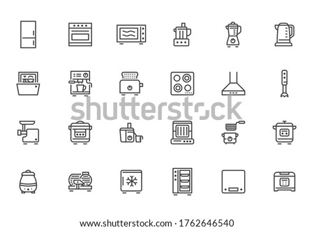 Kitchen appliance line icon set. Oven, mixer, dishwasher, food processor, combi steamer minimal vector illustrations. Simple outline signs of cooking equipment. Pixel Perfect. Editable Strokes.