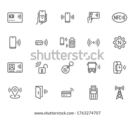 NFC line icon set. Near Field Communication technology, contactless payment, card with chip minimal vector illustration. Simple outline signs for smartphone pay. Pixel Perfect. Editable Strokes.