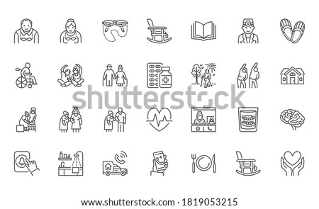 Senior people flat line icons set. Old man and woman exercising, active grandparents, wheelchair, alzheimer nursing home doctor vector illustrations. Outline signs for elder citizens infographic.