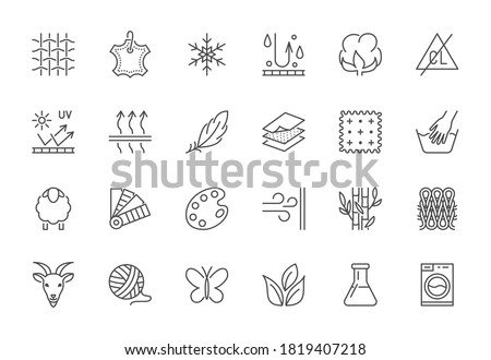 Fabric feature flat line icons set. Clothes symbols silk, cotton, breathable, waterproof material, handwash cashmere, yarn vector illustrations. Outline signs for garment properties, textile industry.