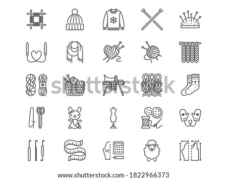 Knitting flat line icons set. Crochet, hand made scarf, wool ball, thread and needle vector illustrations. Outline signs of diy tools, atelier, editable stroke.