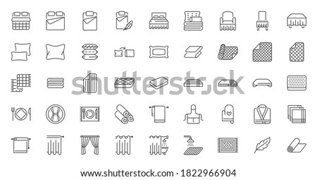 Bedroom linen flat line icons set. Double bed, cushion, blanket, sheets, pillow, mattress topper, curtain, bathrobe vector illustrations. Outline signs of house textile, editable stroke.