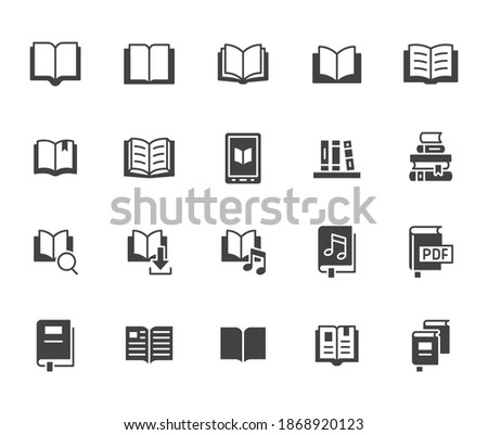 Book flat icons set. Open books, dictionary, bible, audio novel, dictionary, literature education black minimal vector illustrations. Simple glyph silhouette signs for web library app.